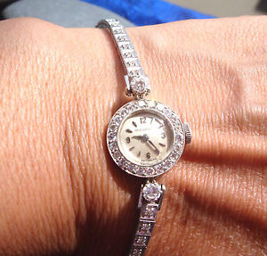 Retro 14k White Gold Movado Watch 1.50 Ct Diamonds On Tennis Bracelet
