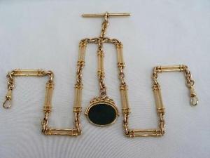 Rare 18ct Solid Gold Double Albert Trombone Link Watch Chain 60.8g Chester 1915.
