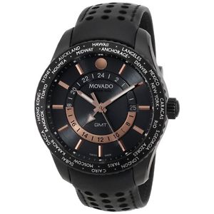 Movado Mens 2600118 Series 800 Black PVD Case Black Calfskin Leather Strap Grey