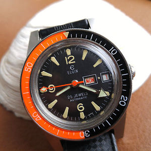Vintage Elgin M-135 Divers Day-Date Watch w/Orig Box,Orig Genuine Tropic Band