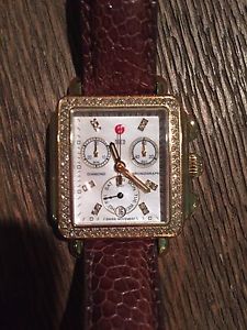 Michele Watch- Signature Deco Diamond Gold Watch with Diamond Dial, Lizard Band