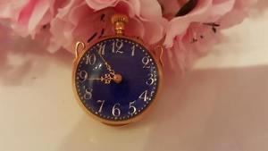 Antique 14K Gold Pendant Open Face Pocket Watch Royal Blue Guilloche Enamel