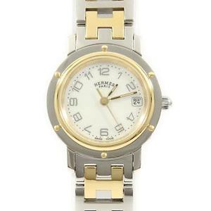 Authentic HERMES CL4.220 Clipper nacre Gold & Steel Quartz  #260-001-612-3007