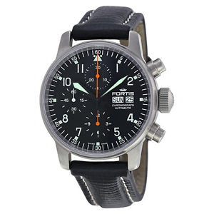 Fortis Fleiger Automatic Chronograph Black Leather Mens Watch 5971111L