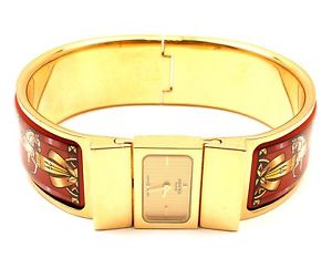 AUTH HERMES LOQUET RED HORSE EQUESTRIAN MOTIF BANGLE BRACELET LADIES WATCH