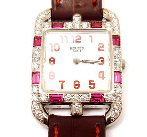AUTHENTIC HERMES CAPE COD 18k WHITE GOLD DIAMOND RUBY RED BAND WATCH