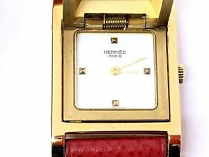 Auth Hermes Clemence Leather GHW Watch Rouge Garance Y in Circle
