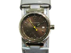 Auth Louis Vuitton Brown/ Light Blue Metal/ Patent Leather Tambour Watch