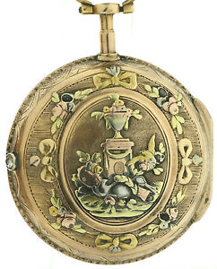 Baillon Spindel Taschenuhr 4farbig in 20k Gold mit 0,9ct Steinbesatz,1750 selten