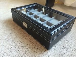 New! Men's Large Black 12 Watch Box Leather Glass Top Case Organizer DISCOUNTED