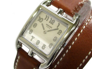 Pre-owned Hermes Cape Cod CC1.210 G Engraved Brown Leather QZ Ladies Watch, IC