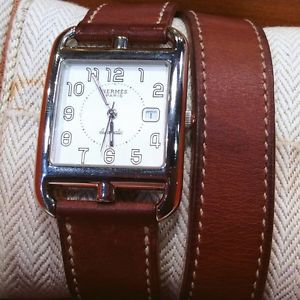 Pre-owned Hermes Cape Cod Double Tour White Dial Leather D Engraved QZ Watch, IC