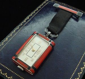 Mesmeric Ladies' Art Deco Red Enameled Juvenia Pendant Watch w/ Box - SERVICED
