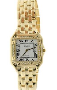 Ladies Geneva 14K Yellow Gold Diamonds Quartz Date Watch