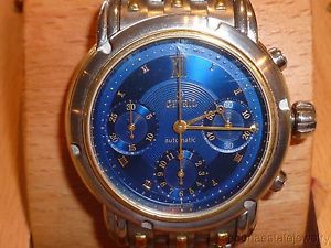 MENS GEVRIL TWO TONE 18K GOLD AUTOMATIC CHRONO 1st GEN BLUE FACE RARE WATCH