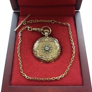 ANTIQUE 14K TRI-COLOR GOLD LADIE HAMPDEN POCKET WATCH WITH DIAMOND MECHANICAL