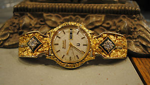 Bulova Accutron Watch~24K Gold Nugget~.80ctw Diamonds~Jade~Date,Day,Second Hand