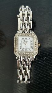 14 k white gold swiss geneve panther two rows diamond bezel ladies watch