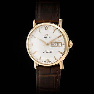 MILUS 18K Rose Gold Day Date Automatic Gents' Dress Watch. 18K RG Buckle