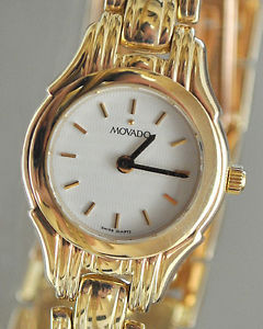 Vintage MINT Ladies Movado Solid 14k Gold Watch 7425982 White Dial, with Box
