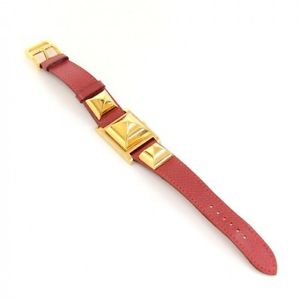 Hermes Medor PM Red Leather x Gold Tone Wrist Watch HA696