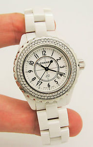 CHANEL J12 White Ceramic Diamond Quartz Ladies Watch 33mm H0967 Retail $15,500