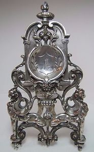Antique Pocket Watch Holder w Pair Griffins Scary Evil Face Torch silver plate