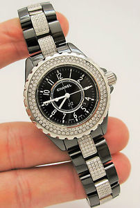 CHANEL J12 Black Ceramic Diamond Quartz Ladies Watch 33mm H1338 Retail $32,900
