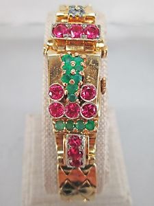 14K Yellow Gold Ruby, Emerald, & Sapphire Ladies WristWatch Vintage ~No Reserve~