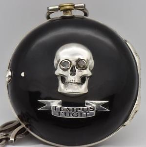 MUSEUM Silver&Enamel Verge Fusee pair case Skull Memento Mori pocket watch c1730