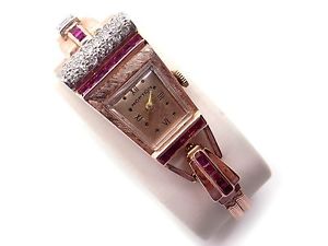 Retro 14k Rose Gold 1.32ct Ruby Diamond Hopton Bracelet Watch Hilton Movement
