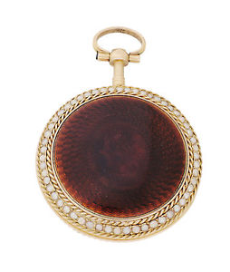 Berthoud Paris 18k Yellow Gold, Enamel, and Pearl-Set Verge Fusee Key-wind Po...