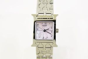 HERMES H Watch Mini Ladies HH1.110 Quartz Pink Shell Silver Ss Excellent #0218