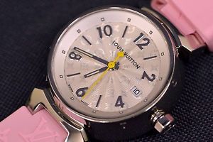 Authentic Louis Vuitton Tambour Quartz Stainless Steel Pink Ladies Watch LV Band