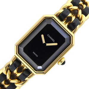 CHANEL Premiere M Ladies Vintage 1987 H0001 Quartz Black Gold Gp Mint #0202