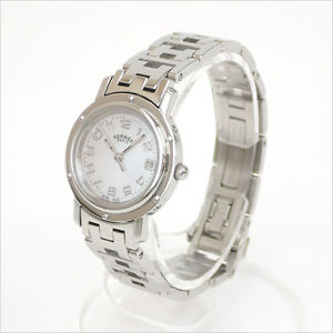 HERMES Clipper Nacre Ladies Date CL4.210 Quartz Pink Shell Ss Mint #0203