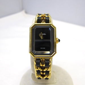 CHANEL Premiere M 1987 Ladies Overhauled H0001 Quartz Black Gold Gp Good #0209