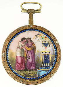 Swiss “Patry & Choudoir”  Enamel Scene, Gilt Metal Open Face Pocket Watch, c....
