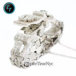 Vintage 14K White Gold 2.5Ct Diamond Green Peridot Manual Winding Women's Watch