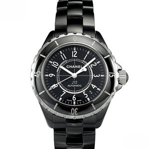 CHANEL J12 Mens Silver Gray Free Ship H0685 Auto Black Ceramic Excellent #0244
