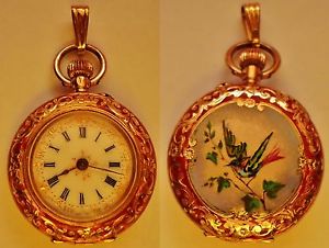 STUNNING ANTIQUE 14K SOLID GOLD AND ENAMEL LADIES POCKET / FOB WATCH ENAMEL DIAL
