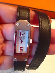 Hermes Double Tour Kelly II watch in black swift leather strap and 4 diamonds