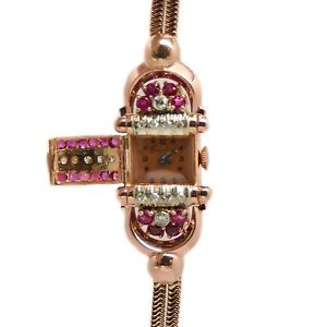 Crawford Art Deco 14K Rose Gold  Rubys & 2.5CT Diamonds Manual Winding Women's