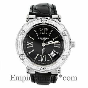 Charriol Geneve Rotonde RT38 Diamond Black Roman Dial Leather Band SS Watch 38mm