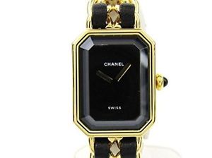 CHANEL Premiere L Ladies Leather Gold Square H0001 Quartz Black Gp Mint #0241