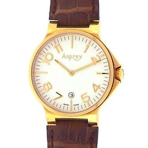 Asprey No. 8 18K Yellow Gold Brown Leather Strap Swiss Quartz White Watch