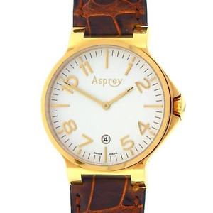 Asprey No.8 18K Yellow Gold Brown Leather Strap Quartz White Watch