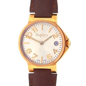 Asprey No.8 18K Yellow Gold Brown Leather Strap Swiss Quartz Silver Ladies Watch