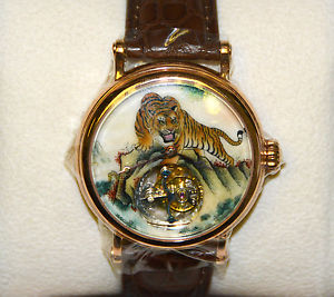 Flying Tourbillon Gold Wristwatch with Hand Painted Enamel Chinese Tiger Zodiac