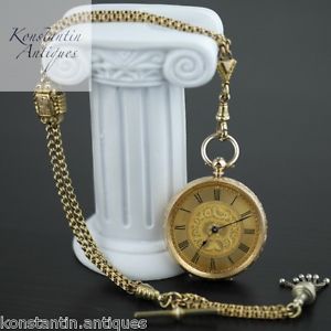 Antique 14K gold pocket watch with chain T-bar key Roman numerals open face rare